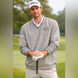 Nike Golf Santa Train Wind Pullover XL Tan V-Neck Embroidered Holiday